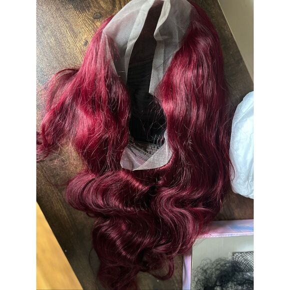 99j Burgundy Lace Front Wig Human Hair 22 inch 13x4 Body Wave Frontal Pre Plucke - Picture 10 of 11